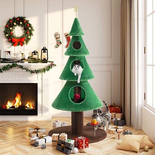 Allewie Albero per gatti da 150 cm, per interni, torre per gatti, con 3 condomini, albero di Natale da 1,5 m, decorazione per feste, centro attività per gatti, casa e letti, verde