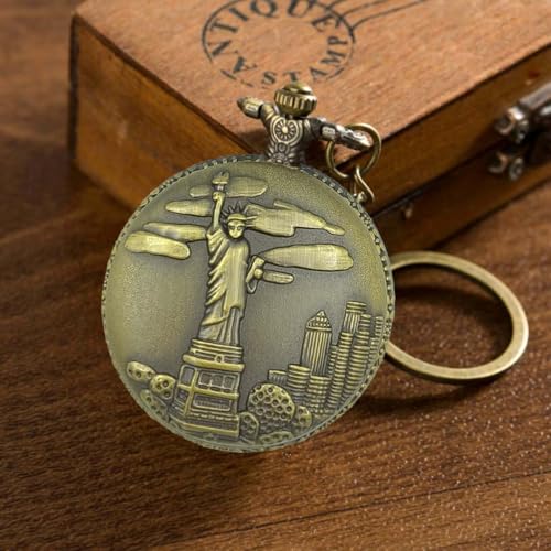 Seven-Square-Premium-Pocket-Watch-Statue-Of-Liberty-Retro-Antique-Key-Chain-Vintage-Bronze-Analog-Pocket-Watch-Stainless-Steel-Metal-Car-Bike-Home-Keychain-With-Key-Ring-Anti-Rust-Gift-For-Men-Women