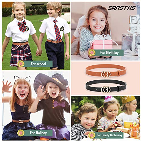 Sansths 2 Pack Kids Leather Belts, Faux Leather Jeans Belt For Girls With Double O-Ring Buckle For Teen (Black & Brown, S) #TOP5