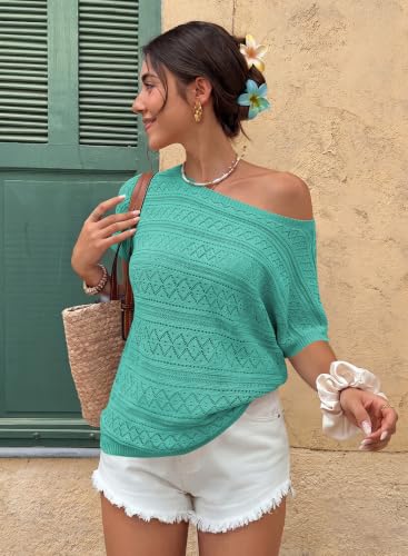 Image of Cakulo Womens Off The Shoulder Batwing Short Sleeve Crochet Tops 2026 Spring Summer Sweater Top Knit Beach Cover Up