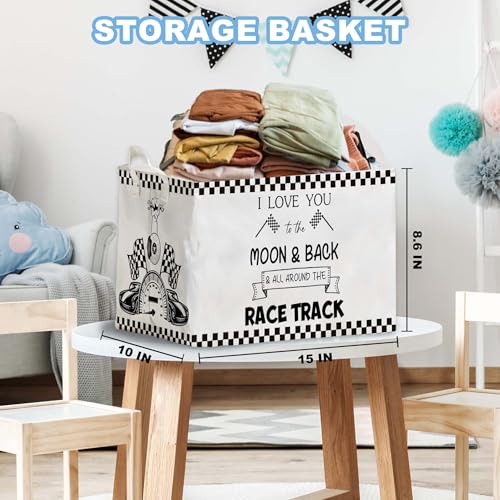 Image of Race Car Storage Basket for Boys, Boys Checkered Basket, Race Flag Kids Baby Storage Bin Toy, Car Themed Room Decor for Nursery, Large Squarecanvas Laundry Hamper With A Waterproof PECoating, Foldable