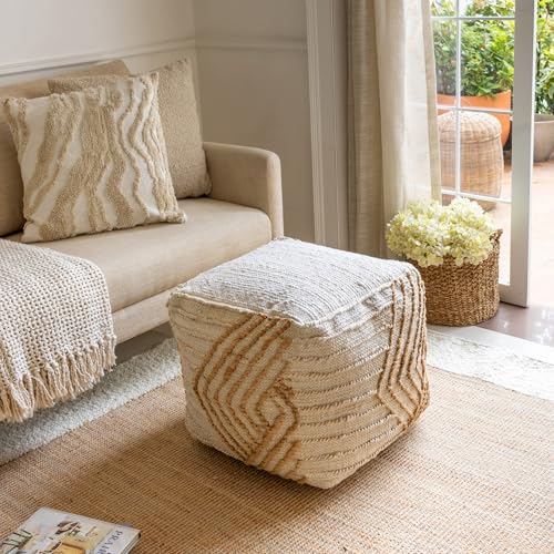 Harlow Hill Bleached/Natural Diamond Jute Blend Ottoman Pouf | Handmade Cube Foot Rest, Small Ottoman Foot Stool for Living Room, Bedroom & Extra Seating | 18" x 18" x 18" Soft Decorative Pouf