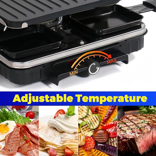 LeuKoles Raclette Grill, Raclette for 8 People, 1300W Electric Grill with 1 Reversible Non-stick Grill Pan & 8 Mini Raclette Cheese Pans & 1 Wooden Spatula, for Indoor Family Barbecue & Party - Image 4