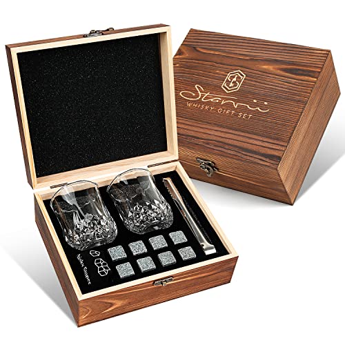 Whisky Glass Set for Men, Elegant Whisky Stones Set Included 8 Granite Whisky Rocks Chilling Stones and 2 Whisky Glasses, Nice Gift for Fatherâ€™s Day, Valentine's Day and Anniversary