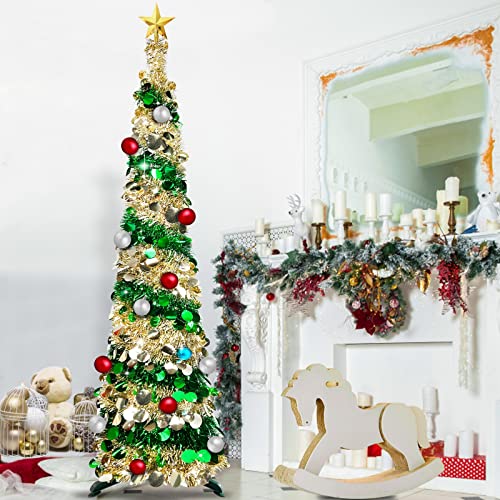 [ Timer ] 6 Feet 80Led Pencil St. Patrick's Day Tree Decorations Color Lights Large 3D Star 15 Balls Sequins Pop Up Tinsel Tree Battery Operated St. Patrick's Day Decor Home (Champagne Gold Green) #TOP5