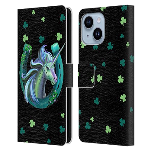 Coque portefeuille cuir iPhone 14 Plus motif licorne et porte-bonheur Rose Khan
