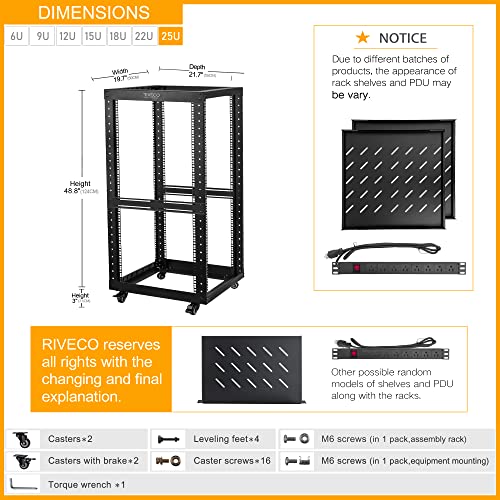 Riveco Open Frame Server Rack With Wheels + Pdu (8 Outlets) Power Strip Surge Protector (2 Shelves +1 Pdu, 25U) #TOP1