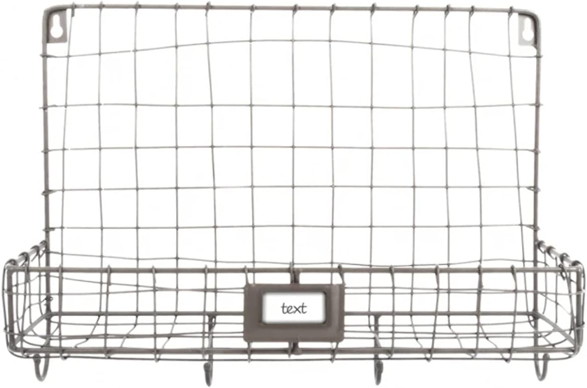 Esschert Design WB40 Vintage-Look Wire Wall Organizer, 1 Compartment with Name Plate, 4 Hooks, Silver