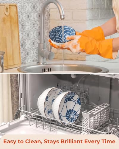Image of Premium Ceramic Bowl Japanese Style Porcelain Rice, Soup & Dessert Bowls - Assorted Floral & Wave Patterns - Microwave & Dishwasher Safe - Gift Box Packaging (Blue & White Printed, PACK OF 6)
