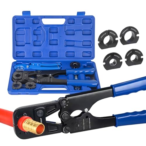 GUOFIS PEX Crimp Tool Kit for 3/8 Inch, 1/2 Inch, 5/8 Inch, 3/4 Inch and 1 Inch Copper Rings, with Pex Pipe Cutter, Go-no-go Gauge, PEX Copper Rings Crimp Tool Meets ASTM F1807 Standard (5 Dies)