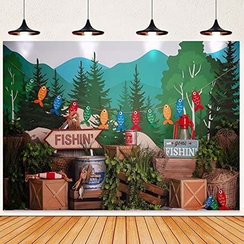 Gone Fishing Photography Background Forest Green Plants Boy Child Birthday Party Cake Smash Portrait Backdrop Baby Shower Party Photo Booth Props,7x5ft