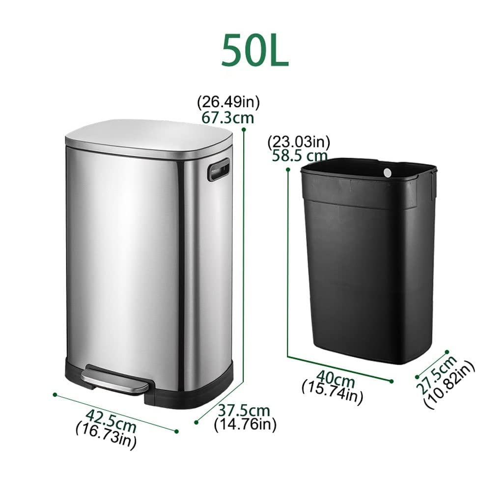 Gold Stainless Steel Trash Can 13 Gallon (50L) Large Kitchen with Hands-Free Foot Pedal, Quiet Close Lid & Odor-Proof Design - Removable Inner Bucket for Office, Hotel, Dorm Room