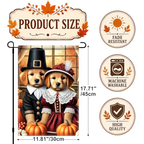 Image of BlissYard Fall Garden Flag 12x18 Inch Golden Retriever Pilgrim Puppie Decor | Double sided polyester, fall pilgrim cat pumpkin design, fall Thanksgiving porch and yard