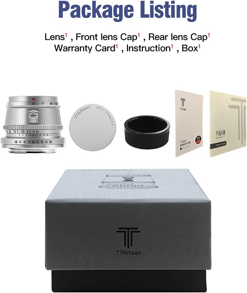 TTArtisan 35mm F1.4 Silver APS-C Portrait Lens for Sony E Mount A9 A7R IV A7R III A7R II A7SII A7III A7II A7C A5000 A5100 A6000 A6100 A6300 A6400 A6500 A6600 NEX-3 NEX-5 MEX-6 NEX-7 (Silver)