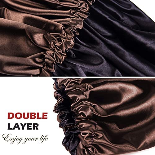 Image of GO WELL Satin Silk Bonnet With 3 Scrunchies - Reversible Cap for Curly Hair, Sleeping - Adjustable Hair Wrap (Coffee)