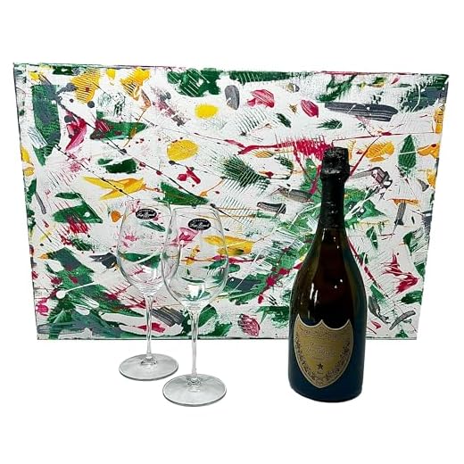 Confezione Regalo Contenete una Bottiglia di Dom Perignon 2010 Astucciato, un' Opera di Espressionismo Astratto by FILANTO 40x60 e 2 Flutès in Cristallo, Ottima Idea Regalo !
