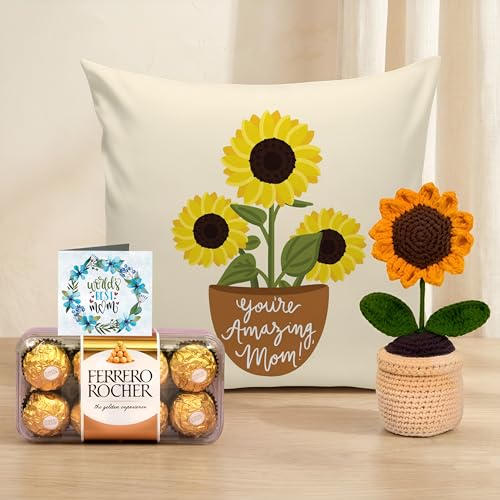 Image of TIED RIBBONS Gift for Mom, Birthday Gift for Mom Women Wife Mother in Law Mummy | Artificial Handcrafted Flower With Pot | Printed Cushion with Filler (12 X 12 Inch) | Chocolate Gift Pack | Card