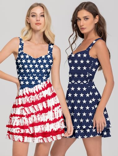 Image of IWD Women's Square Neck Sleeveless Mini Dress Ruched Waist Tiered Ruffle Hem A Line Short Dresses