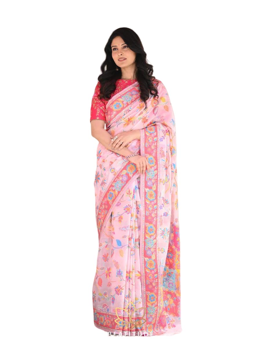 PT'Z Kashmiri Saree For Women With colourful Blouse Piece(Light Pink)