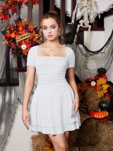 Image of XXTAXN Women's Sexy Square Neck Short Sleeve Ruched Tiered Ruffle Hem Flowy Club Party Mini Dress