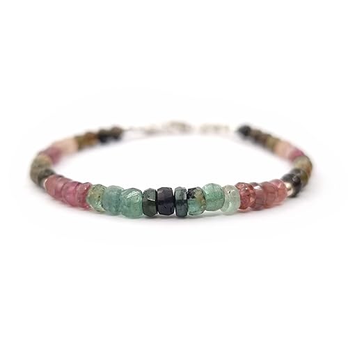 Watermelon Tourmaline Bracelet for Women – Natural Round & Rondelle Beads with Sterling Silver Clasp – Healing Crystal Gemstone Jewelry