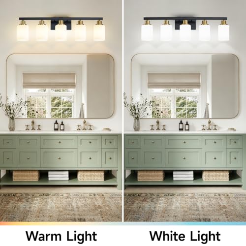 Image of Bathroom Vanity Light 5-Light Vanity Lighting Black and Gold 30in | White Frosted Ribbed Glass Shade Black and Gold Wall Light Fixture Bathroom Light Fixtures with for Mirror Restroom E26 Base