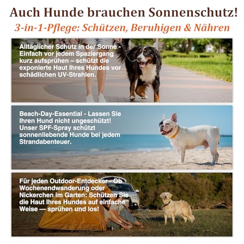 Hunde Sonnenschutz-Spray SPF 25 – Leichtes, Öl-basiertes UV-Schutzspray für empfindliche Haut | Beruhigende & Feuchtigkeitsspendende Formel mit Aloe, Ringelblume und Hafer | 80 ml​