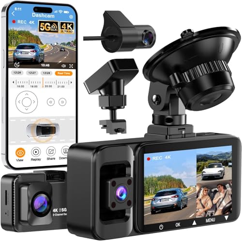 4K Dash Cam Front and Rear Inside, 3 Channel Dash Camera for Cars with 64GB Card, 5G WiFi, Infrared Night Vision, 24H Parking Mode, 360° Wide Angle Wireless Dashcam for Uber/Taxi