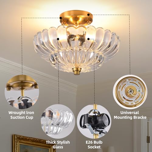 Image of Semi Flush Mount Ceiling Light, 11.8 Inch Gold Vintage Hallway Light Fixture with Transparent Glass, Close to Ceiling Light for Bedroom Kitchen Living Room Bathroom Foyer, E26 Base