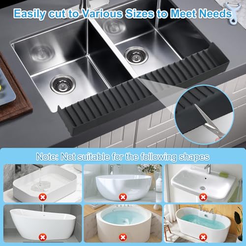 Image of Silicone Faucet Splash Guard 4 inch x 30 inch, Faucet Water Catcher Mat, Longer Silicone Sink Mat for Kitchen, Bathroom, Laundry Room, Farmhouse for Quartz Kitchen Sink(Black)