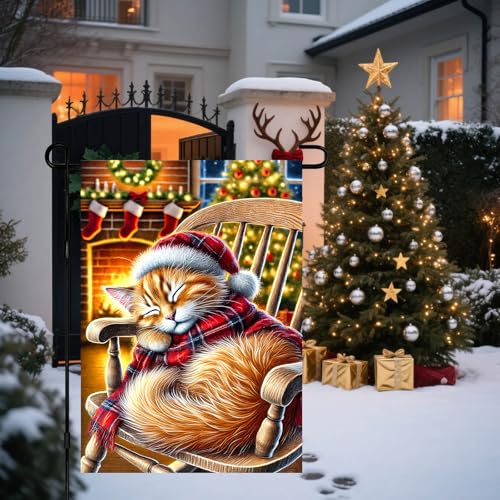 Image of BlissYard Garden Flag Snowflake Kitten Winter 12x18 Inch Polyester