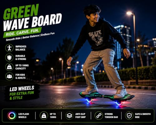 Image of Wave Board Caster Board with Carry Bag for Kids and Teens, 33 x 9 Inch Drift Skate Board with Anti-Slip Deck and Smooth Wheels, Supports Up to 100 kg, Green