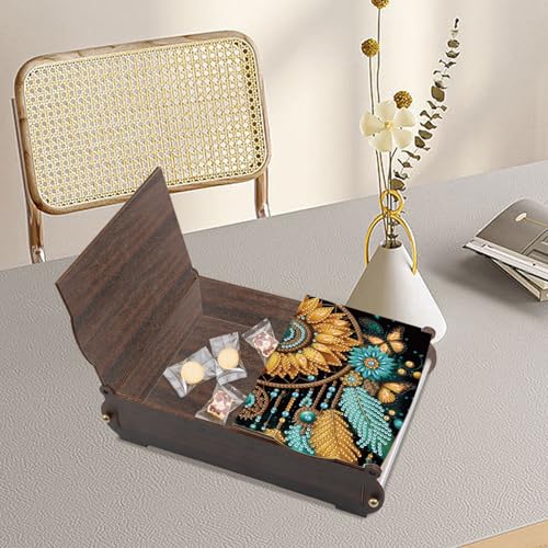 Image of MVVMTOP Diamond Painting Kit Wooden Storage Box, Dream Catcher DIY Special Shaped Diamond Flip Cover Wooden Money Box, Handmade Art Desktop Decorations Birthday Gifts for Friends