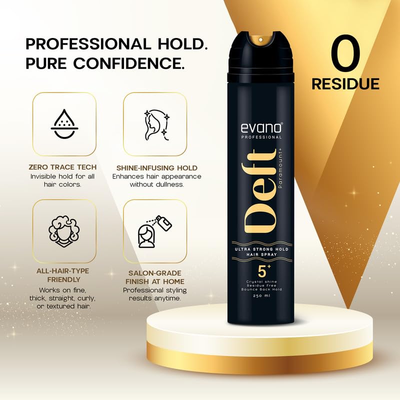 Image of Evano Professional Deft Paramount Hair Hold Spray For Men & Women 250ml | Extra Strong Hold for Long Events| Instant Crystal Shine | Non-Sticky & No Flakes | for All Hair Types