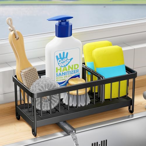 Kitchen Sink Caddy Metal Sponge Holder for Kitchen Organiser Sink Tidy with Removable Drip Tray and Drainage Countertop Sink Washing up Organiser (Black)