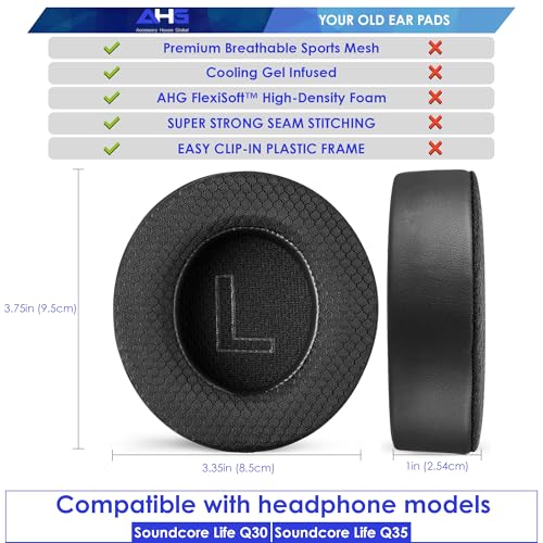 AHG Accessory House Global Replacement Cooling Gel Sound core Q35 Pads q35 Ear Cushions Compatible with Anker Soundcore Life q30 Q35 Headphones (Black). Cooling Gel | High-Density Foam | Extra Thick miniatura 3