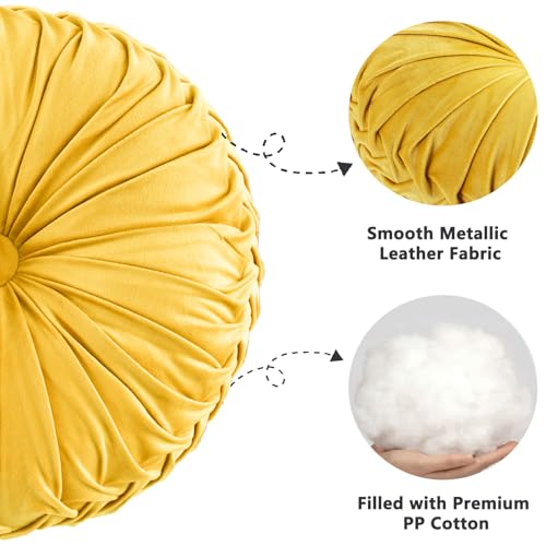 Image of HIG Set of 2 Yellow Ruched Velvet Round Throw Pillows - 14.5'' Decorative Pillows with Soft Polyester Filling for Couch, Bed, Living Room, Bedroom, or Dorm - Handmade, Stress Relieving, All-Season