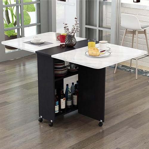 Mesa de comedor plegable con 6 ruedas, mesa extensible de hojas colgantes para estudio de trabajo y comedor, diseño de ahorro de espacio con 2 estantes de almacenamiento abiertos (negro y blanco)