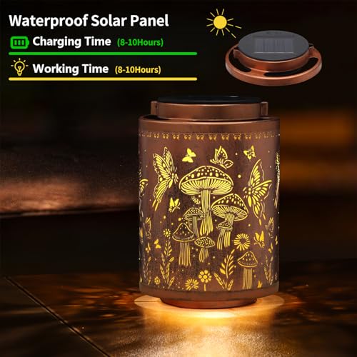 Image of 2 Pack Solar Lanterns Outdoor Waterproof Garden Decor Gifts for Women Mon Grandma Metal Hanging Solar Lights Decoration for Outside LED Lanterns for Yard Patio Lawn(Mushroom)