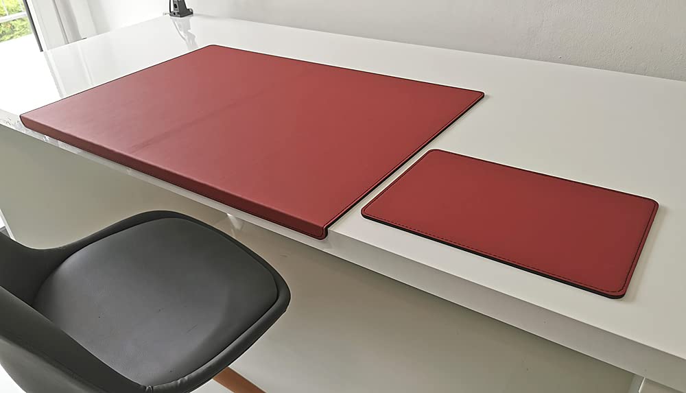 Gewinkelte Schreibtischunterlage mit Kantenschutz +Mauspad Echt Leder Rindsleder 70cm x 48cm Bordeaux Weinrot