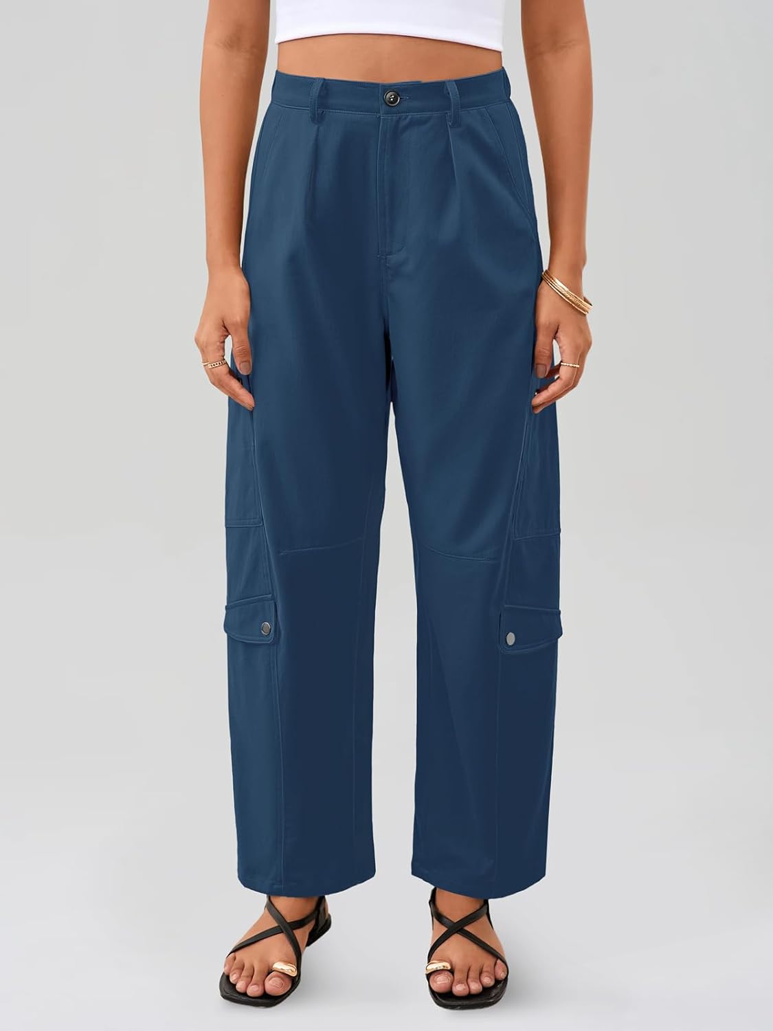 Aoysky High Waisted Barrel Pants for Women Casual Wide Leg Baggy Cargo Pants 100% Cotton Utility Trousers with Pockets