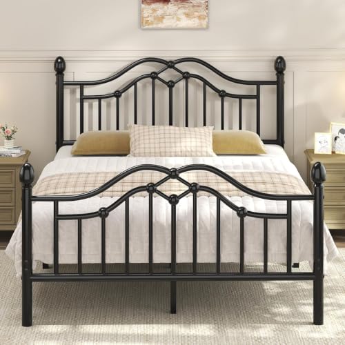 Image of LoVinson Queen Size Bed Frame with Victorian Headboard & Footboard, Black