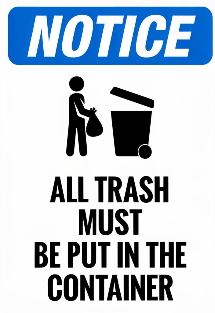 peiyeety NOTICE All Trash Must Be Put in the Container Tin Sign 12x8 Inch | Metal Wall Decor for Dumpster Area, Trash Room, Break Room, Office, Apartment, Garage | Bold Blue & Black Warning Sign