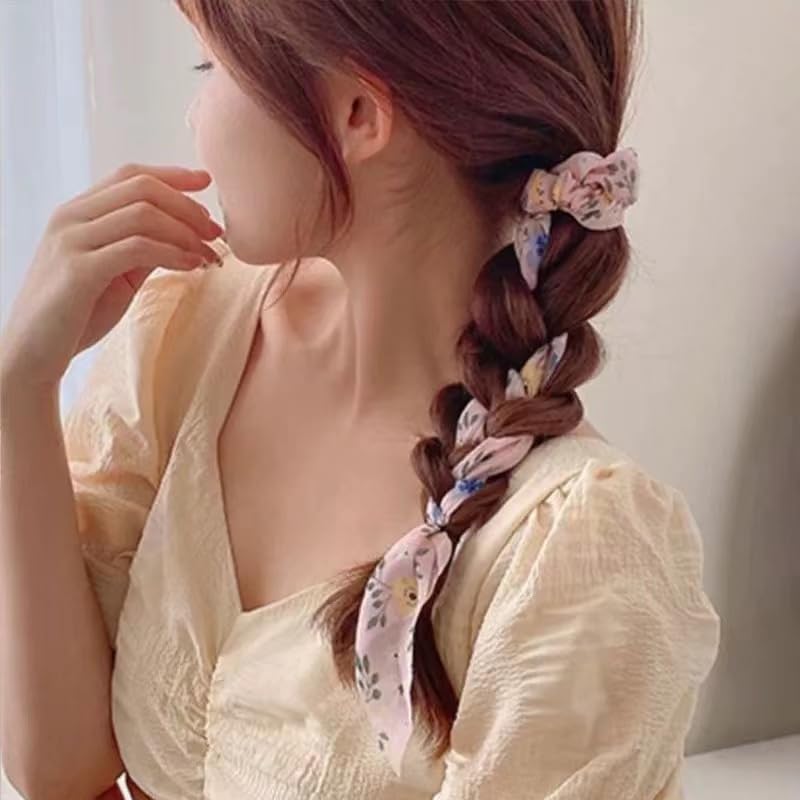 Hair Scarf Scrunchies with Ribbon Tails for Women Girls Flower Printing Hair Scrunchy Scarf Hair Ties for Teen Girls Knotted Bow Hair Elastics Chiffon Ponytail Holder for Women 3 Pcs - Image 7