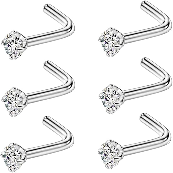 FANSING 6 Pieces 316L Surgical Steel Zircon Nose Studs L Shaped