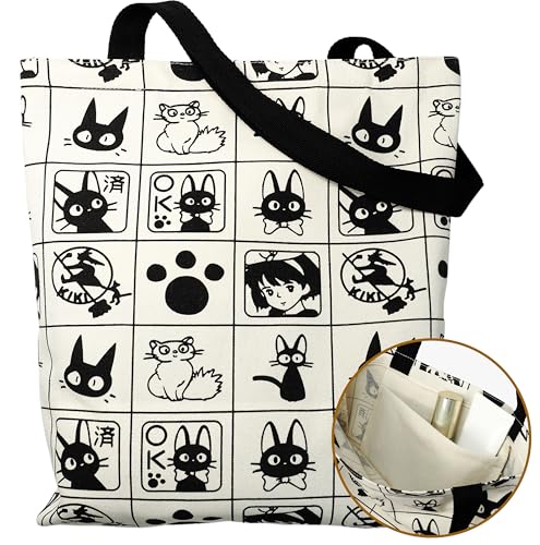 Cotton Canvas Reusable Grocery Bags Tote Bag with Inner Pocke, Black And White Pattern Printing for Shopping Gym And Travel