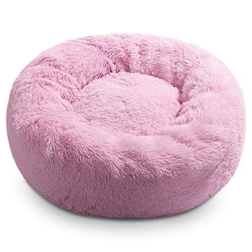 Hollypet Self-Warming Donut Pet Bed Luxury Cozy Nest Sleeping Bed Round Faux Fur Bed for Cats and Small Medium Dogs, Pink, 28