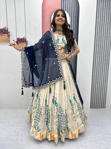 Image of Suppar Sleave Women's Embroidered Vichitra Silk Lehenga Choli Dupatta Set Semi-Stitched Blouse and Fit & Flare Style