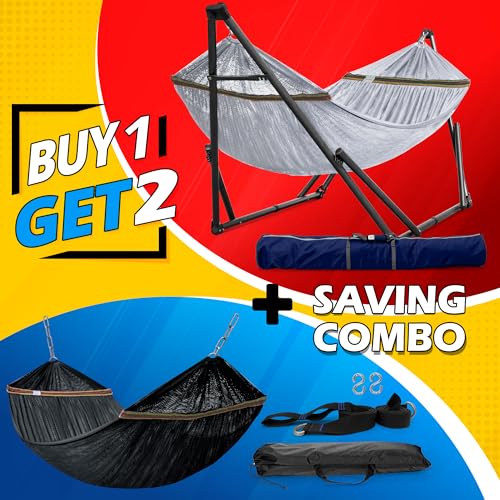 Image of Tranquillo Combo x2 Hammocks with Stand for Outside & Tree Straps, Heavy Duty Hammock with Stand 600lbs for Indoor Outdoor Patio Backyard, x2 Hammocks for 2 Person (Combo - Grey, Medium)