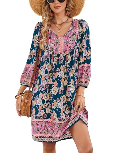 Image of Bluetime Women Casual Summer Dress Boho V Neck 3 /4 Sleeve Babydoll Floral Print Flowy Beach Dress